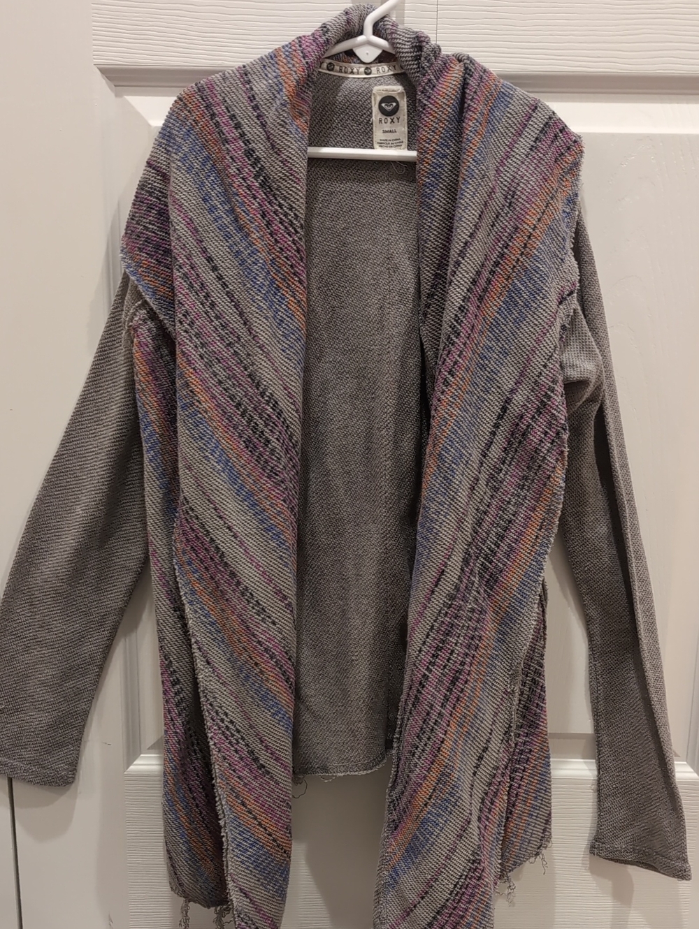 Roxy Gray Open-Front Cardigan with Multicolor Striped Trim